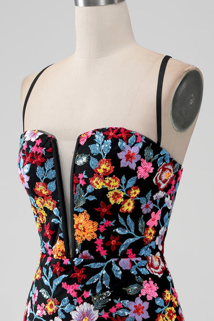 Black Flower Mermaid Spaghetti Straps Embroidered Short Homecoming Dress