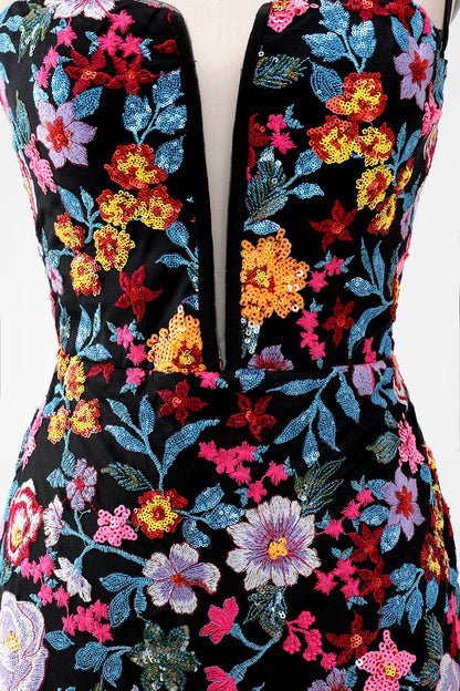 Black Flower Mermaid Spaghetti Straps Embroidered Short Homecoming Dress