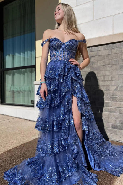 Roycebridal Princess A Line Off the Shoulder Corset Prom Dress with Lace Ruffles