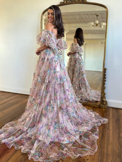 Roycebridal Sydney |A Line Off The Shoulder Floral Tulle Prom Dress