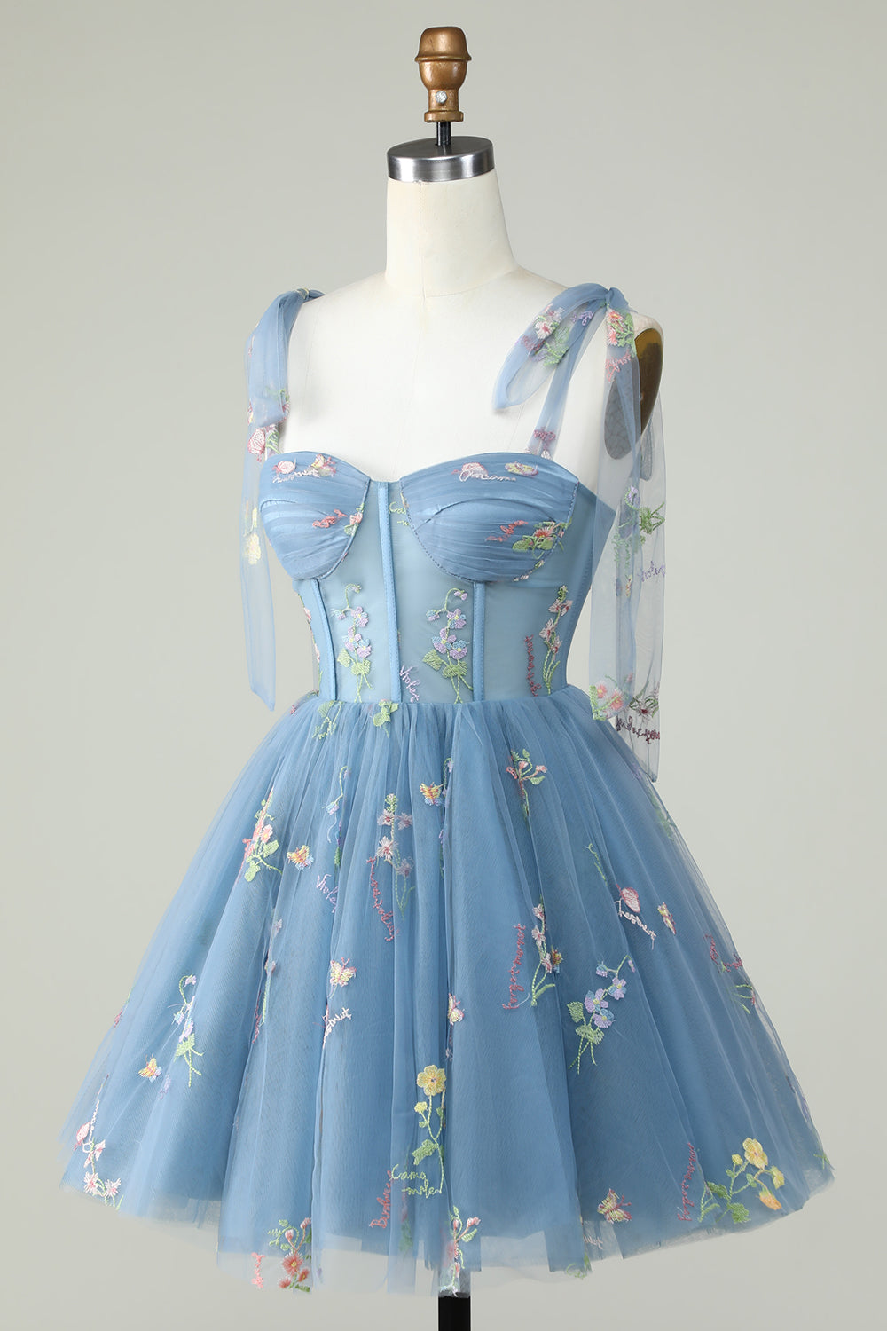 Cute Grey Blue A Line Spaghetti Straps Short Homecoming Dress with Appliques