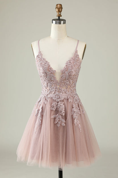 Dark Green A Line Spaghetti Straps Short Homecoming Dress with Appliques