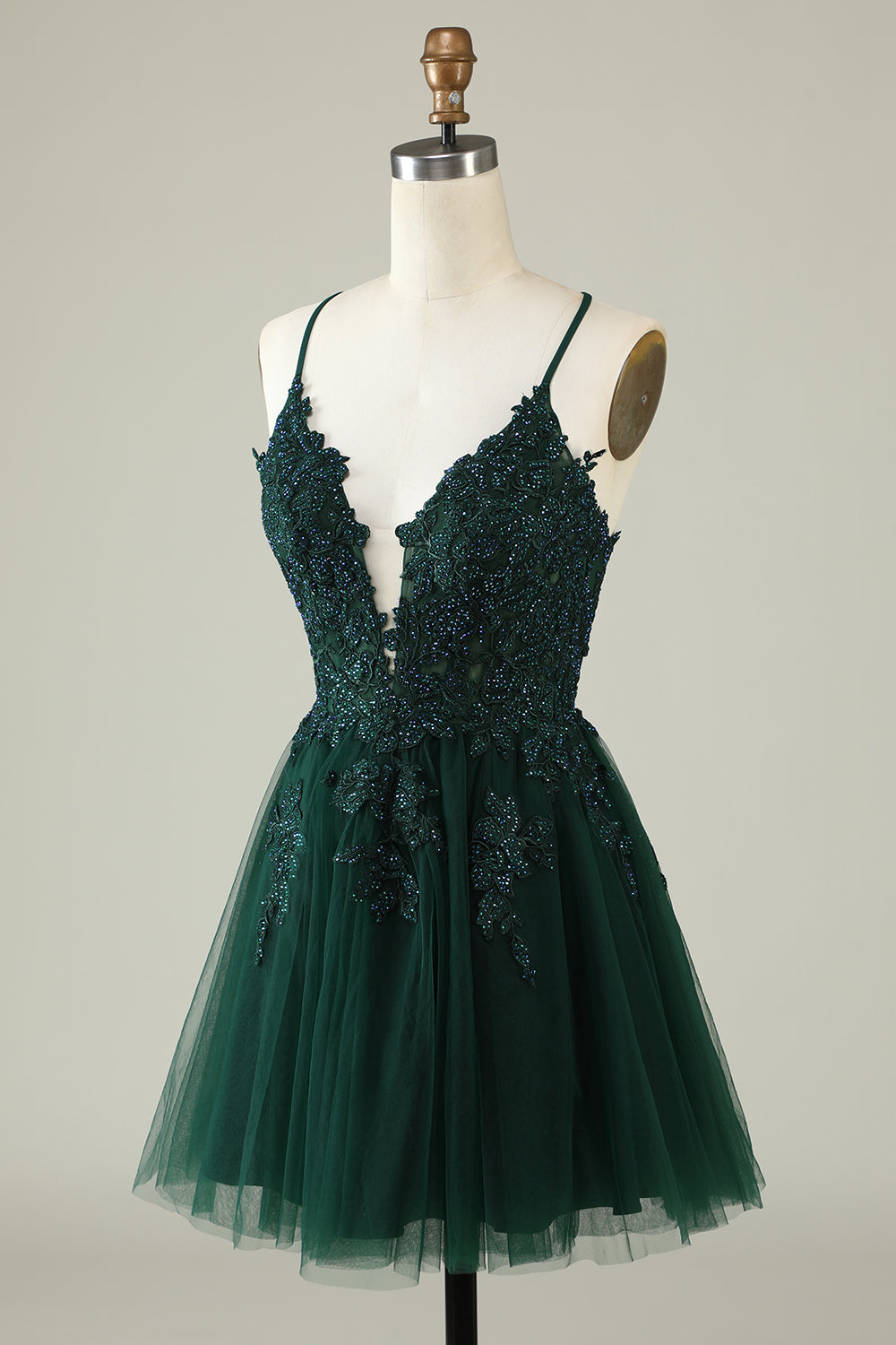 Dark Green A Line Spaghetti Straps Short Homecoming Dress with Appliques