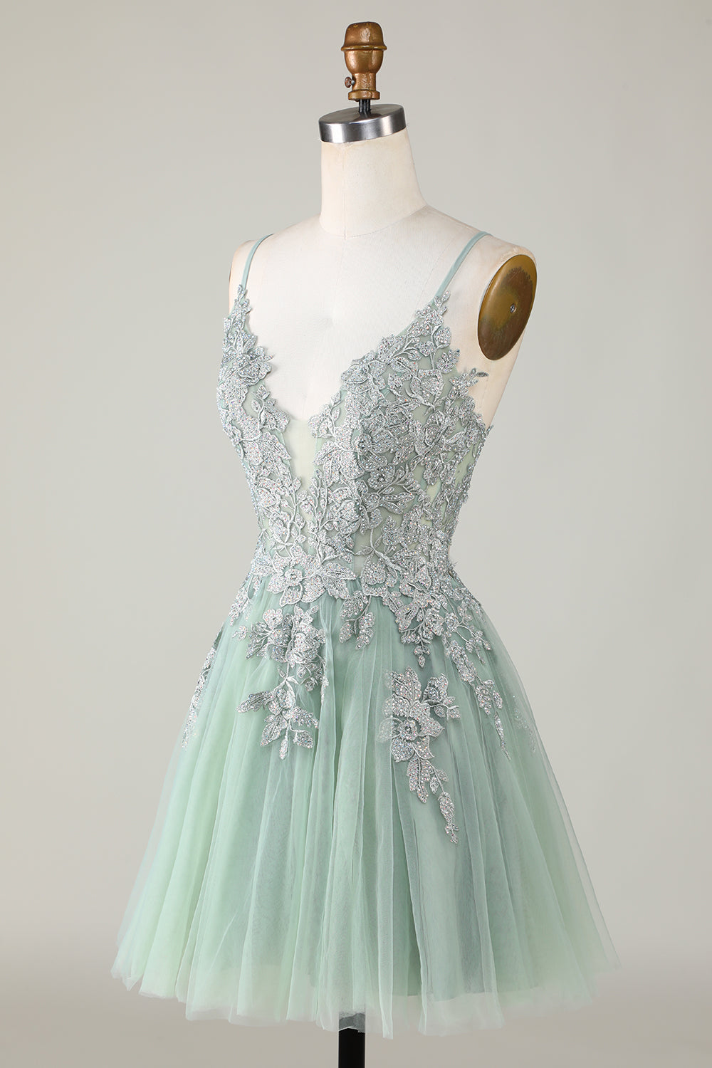 Dark Green A Line Spaghetti Straps Short Homecoming Dress with Appliques