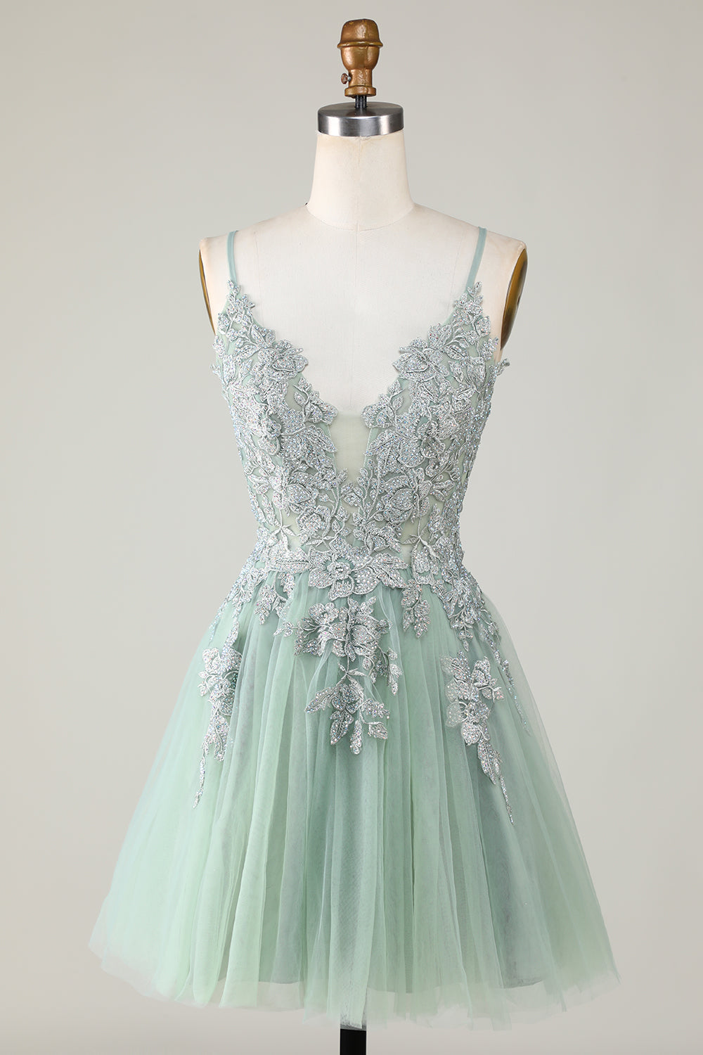 Dark Green A Line Spaghetti Straps Short Homecoming Dress with Appliques