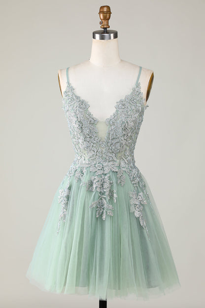 Dark Green A Line Spaghetti Straps Short Homecoming Dress with Appliques