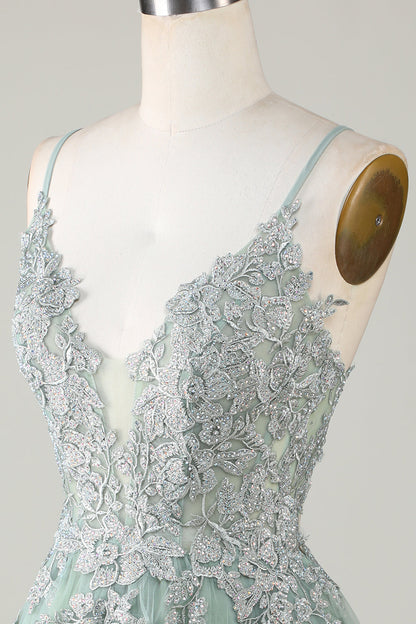 Stylish Green A Line Spaghetti Straps Short Homecoming Dress with Appliques