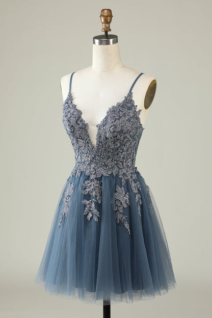 Dark Green A Line Spaghetti Straps Short Homecoming Dress with Appliques