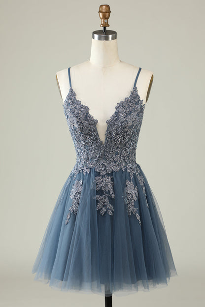Dark Green A Line Spaghetti Straps Short Homecoming Dress with Appliques