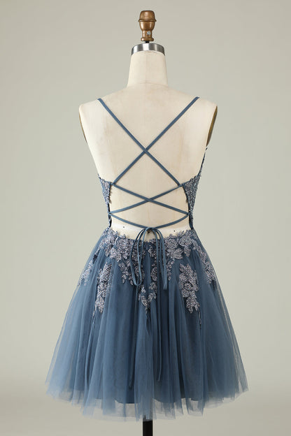 Dark Green A Line Spaghetti Straps Short Homecoming Dress with Appliques