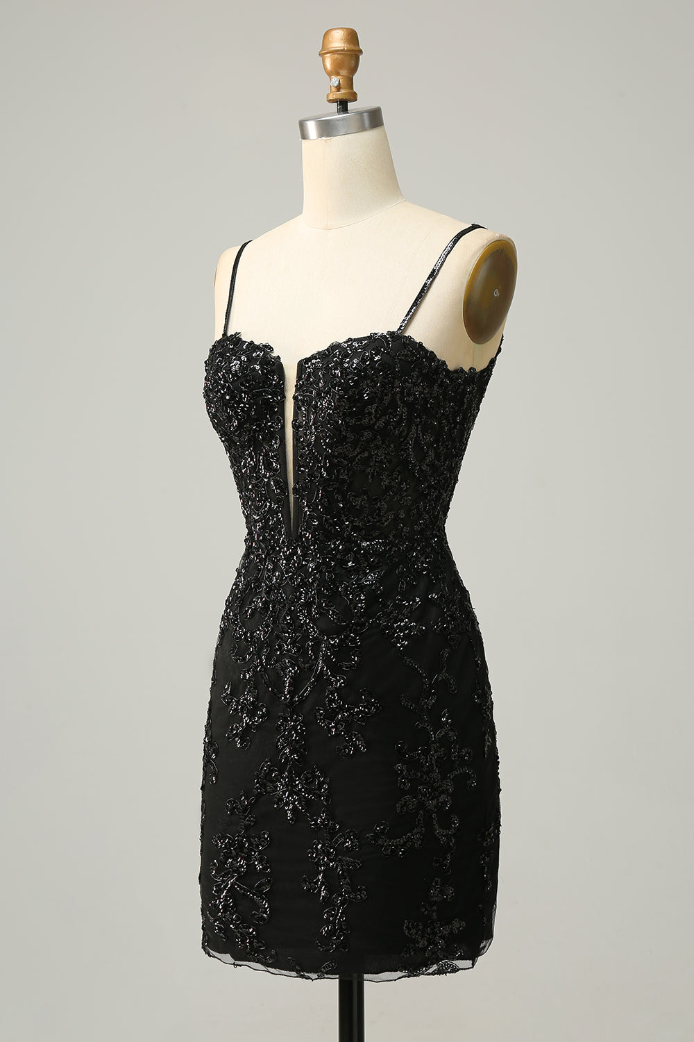 Black Sheath Spaghetti Straps Sequins Short Homecoming Dress with Criss Cross Back