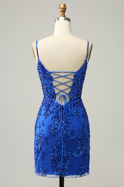 Red Bodycon Spaghetti Straps Sequins Short Homecoming Dress with Criss Cross Back