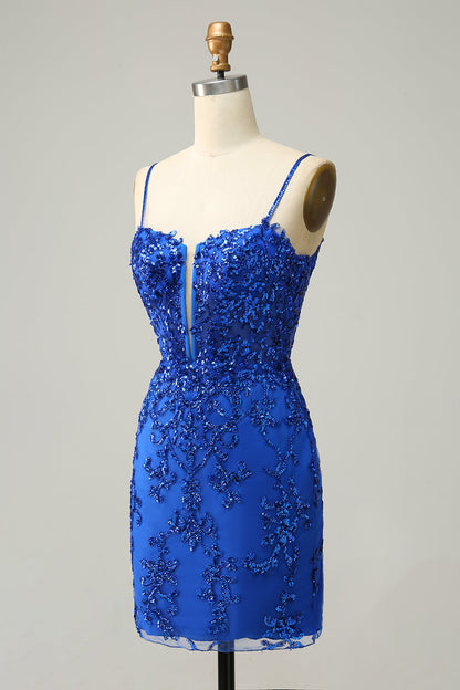 Red Bodycon Spaghetti Straps Sequins Short Homecoming Dress with Criss Cross Back