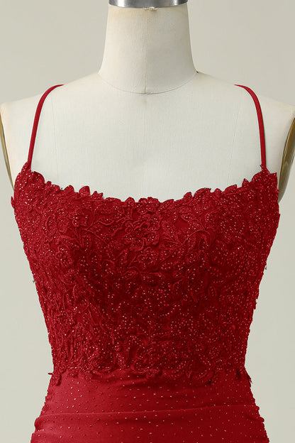 Dark Red Sheath Spaghetti Straps Short Homecoming Dress with Appliques