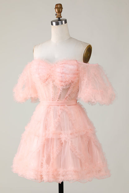 Purple Stylish A Line Off the Shoulder Tulle Corset Homecoming Dress