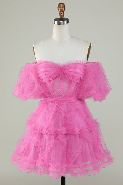 Purple Stylish A Line Off the Shoulder Tulle Corset Homecoming Dress