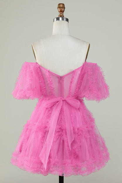 Purple Stylish A Line Off the Shoulder Tulle Corset Homecoming Dress