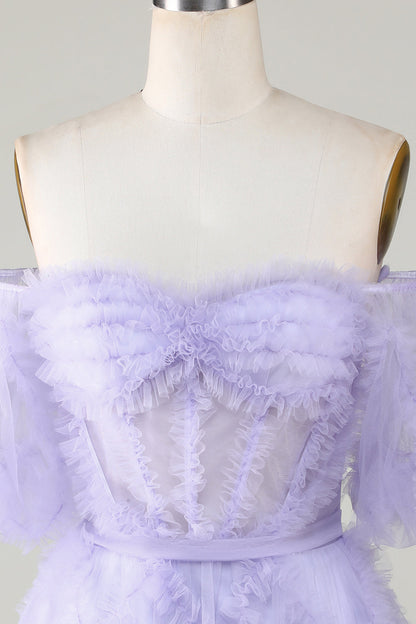 Purple Stylish A Line Off the Shoulder Tulle Corset Homecoming Dress