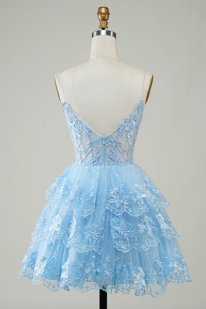Cute Pink A Line Spaghetti Straps Sparkly Sequin Tiered Corset Short Homecoming Dress