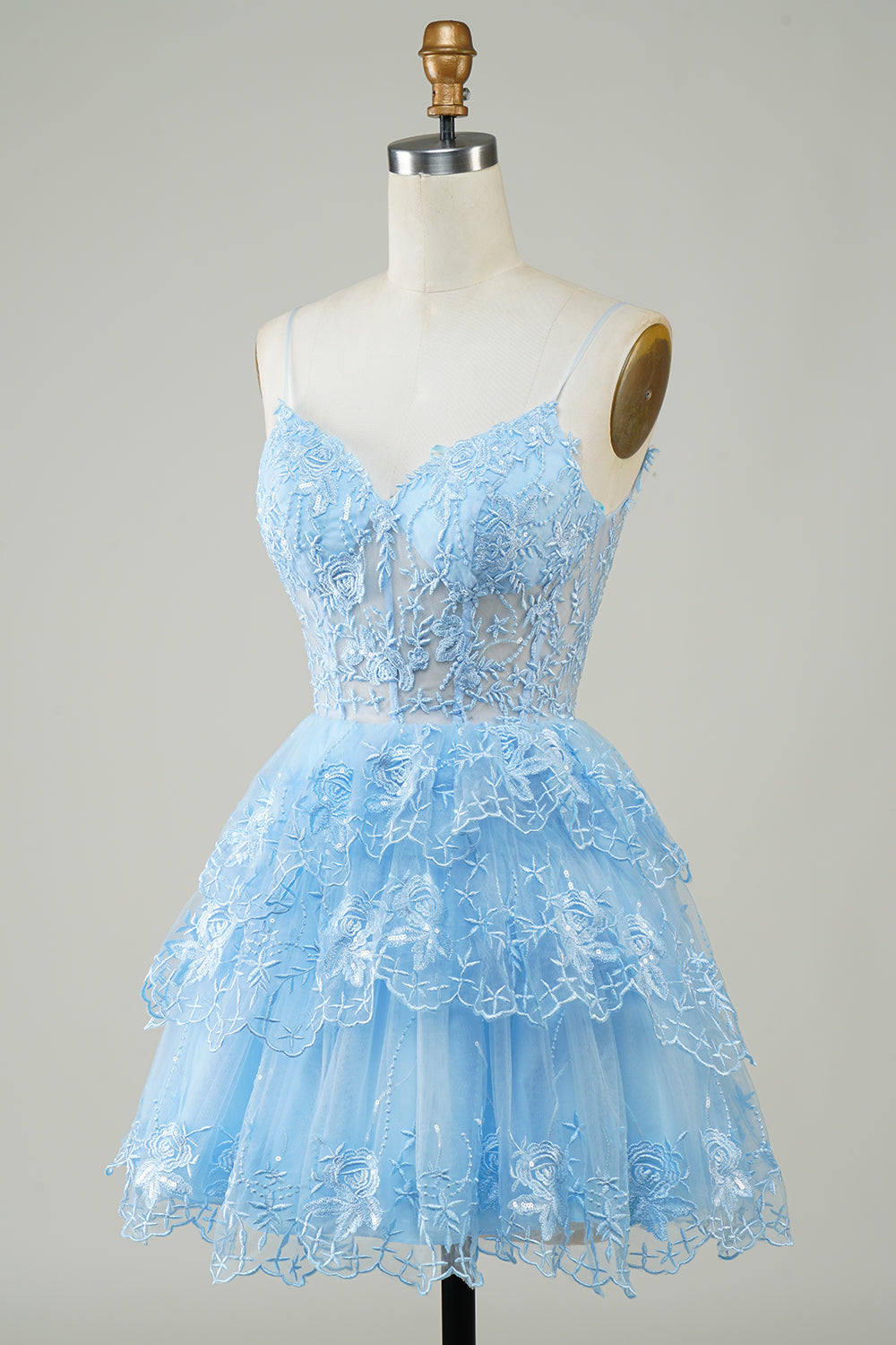 Cute Pink A Line Spaghetti Straps Sparkly Sequin Tiered Corset Short Homecoming Dress