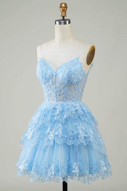 Cute Pink A Line Spaghetti Straps Sparkly Sequin Tiered Corset Short Homecoming Dress