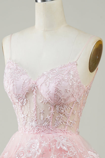 Cute Pink A Line Spaghetti Straps Sparkly Sequin Tiered Corset Short Homecoming Dress