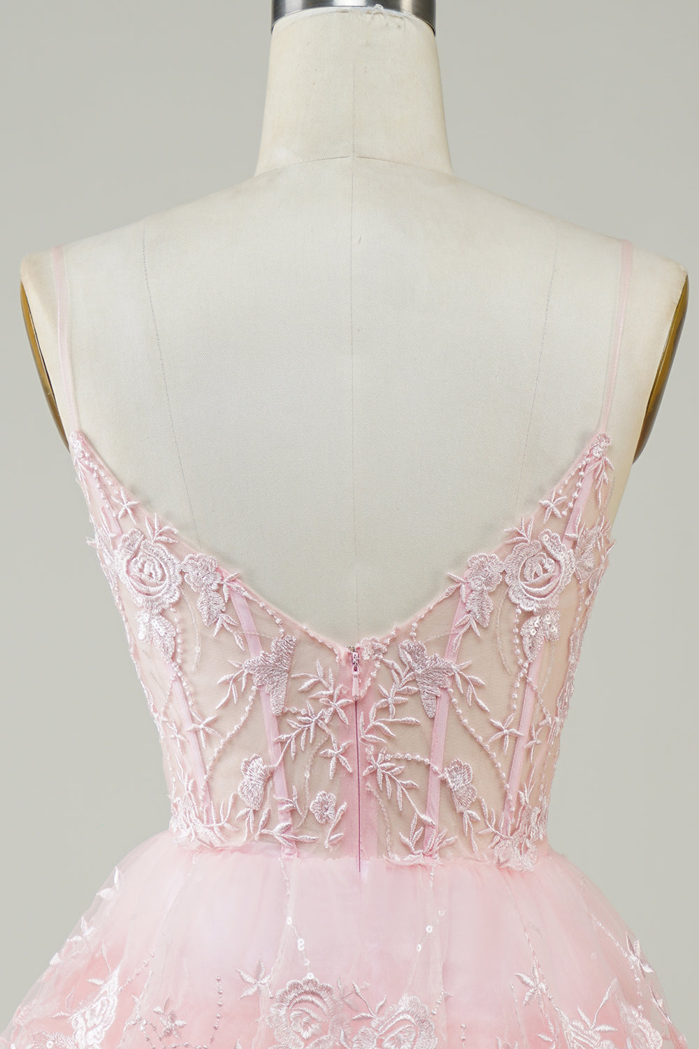 Cute Pink A Line Spaghetti Straps Sparkly Sequin Tiered Corset Short Homecoming Dress