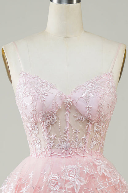 Cute Pink A Line Spaghetti Straps Sparkly Sequin Tiered Corset Short Homecoming Dress