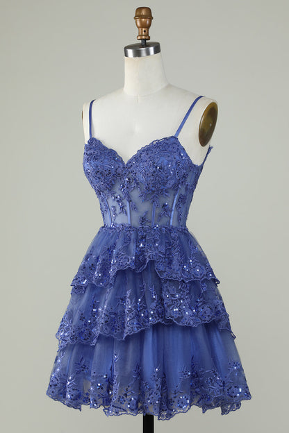Cute Pink A Line Spaghetti Straps Sparkly Sequin Tiered Corset Short Homecoming Dress