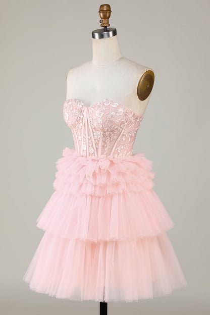 Trendy A Line Sweetheart Tiered Pink Short Homecoming Dress with Ruffles
