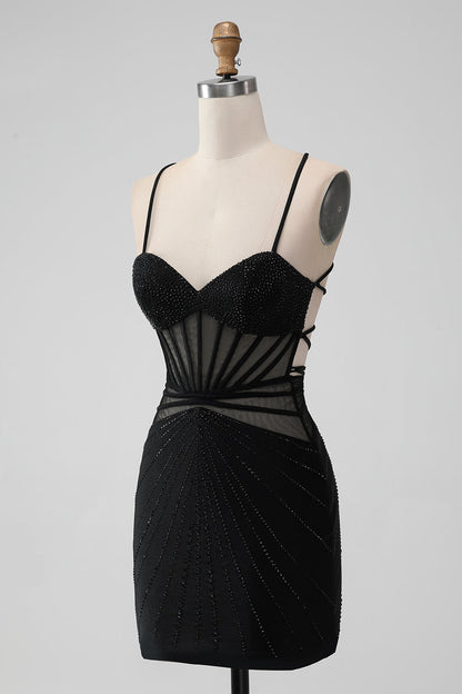Sparkly Black Mermaid Lace-Up Back Sheer Short Homecoming Dress with Beading