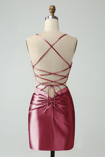 Golden Bodycon Spaghetti Straps Lace-up Back Short Homecoming Dress