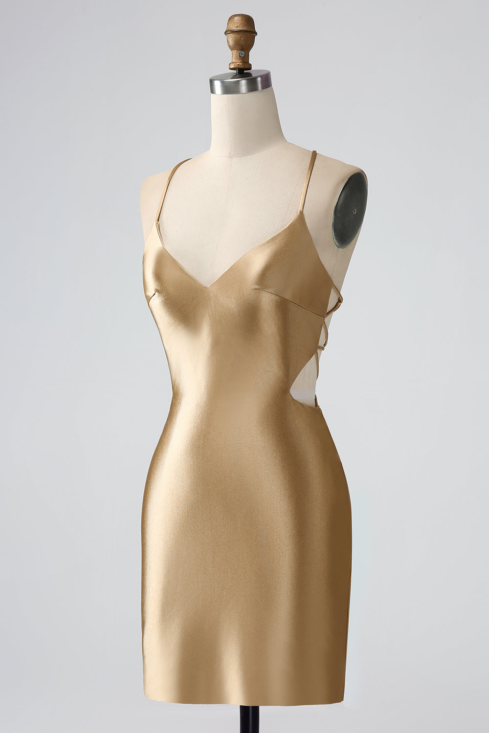 Golden Bodycon Spaghetti Straps Lace-up Back Short Homecoming Dress