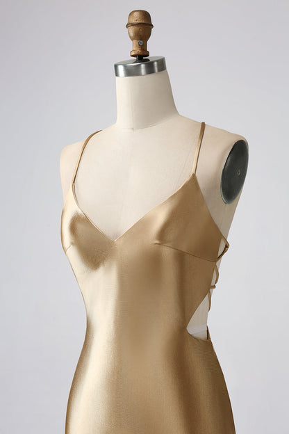 Golden Bodycon Spaghetti Straps Lace-up Back Short Homecoming Dress