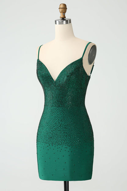 Dark Green Bodycon Spaghetti Straps Backless Homecoming Dress with Beading