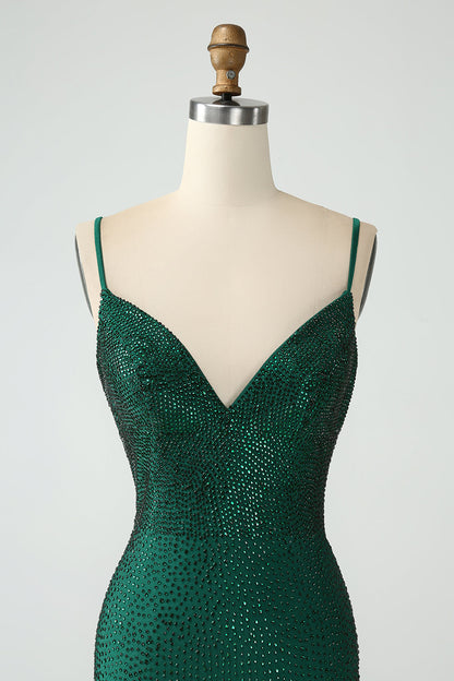 Dark Green Bodycon Spaghetti Straps Backless Homecoming Dress with Beading