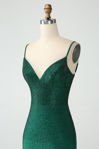 Dark Green Bodycon Spaghetti Straps Backless Homecoming Dress with Beading