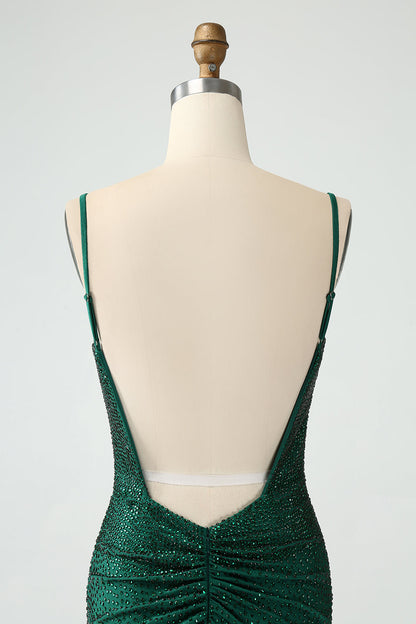 Dark Green Bodycon Spaghetti Straps Backless Homecoming Dress with Beading
