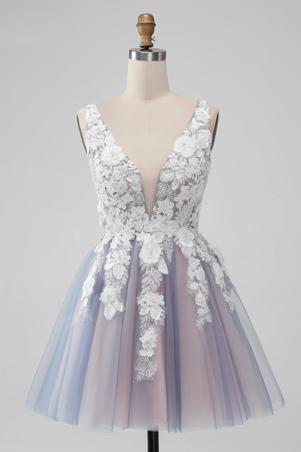 Grey Pink A Line Spaghetti Straps Flowers Short Homecoming Dress with Pearl
