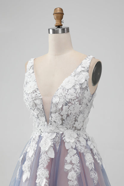 Grey Pink A Line Spaghetti Straps Flowers Short Homecoming Dress with Pearl