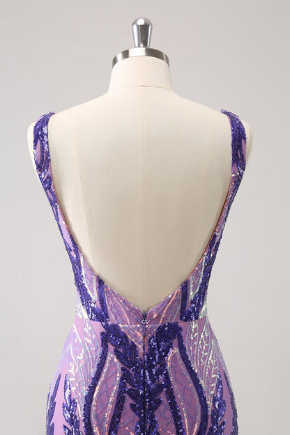 Sparkly Fuchsia Bodycon V Neck Backless Short Homecoming Dress with Sequins