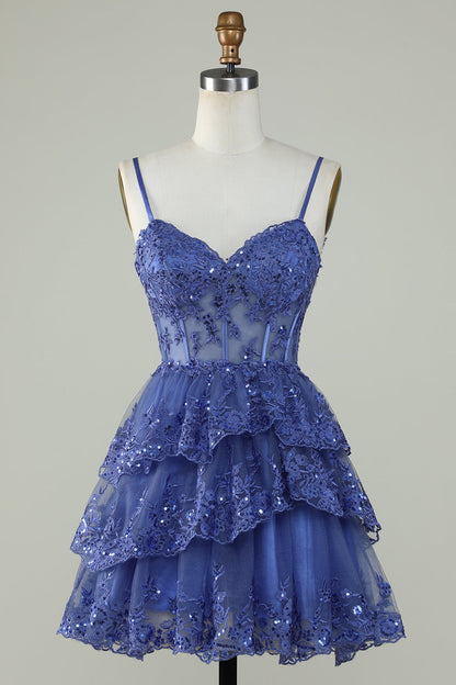 Cute Black A Line Sparkly Sequin Tiered Corset Short Homecoming Dress