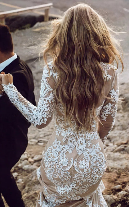 Country Lace O Neck Long Sleeve Mermaid Wedding Dress Custom Made Customized