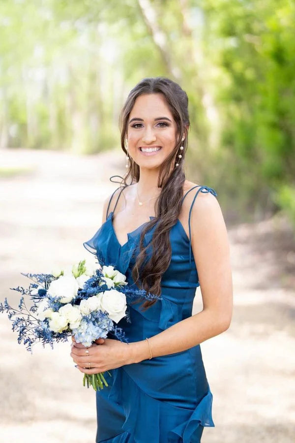 Blue Slit Tie Shoulder Ruffle Tiered Long Mermaid Prom Dress