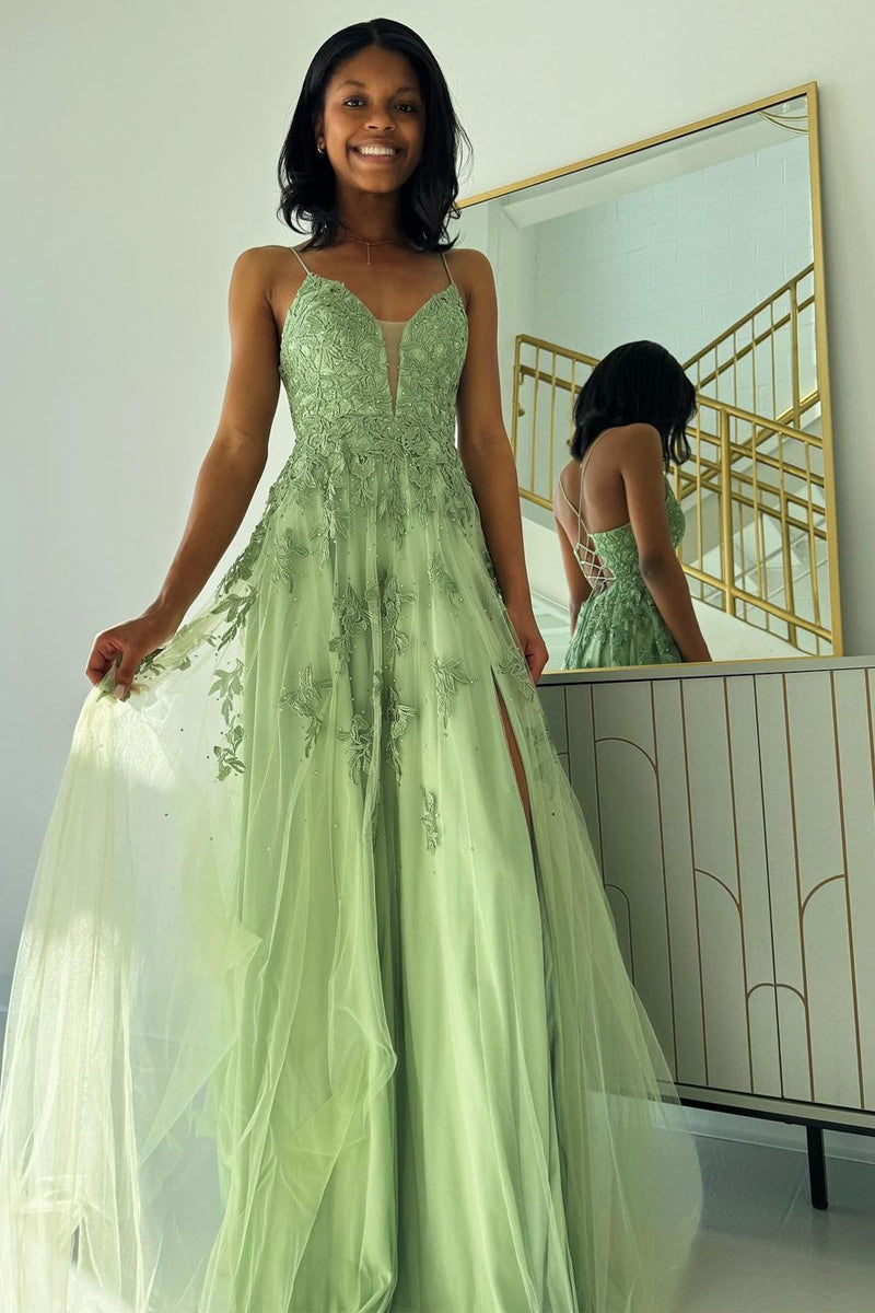 Roycebridal Sage Green V Neck Tulle A Line Long Prom Dresses with Appliques