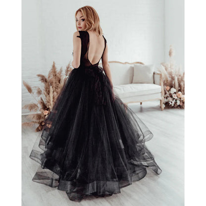 O Neck Sleeveless Lace Top Backless Organza Back A Line Gothic Black Wedding Dress