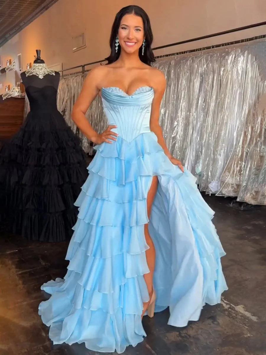 Split Strapless Ruffle Long A Line Prom Dress