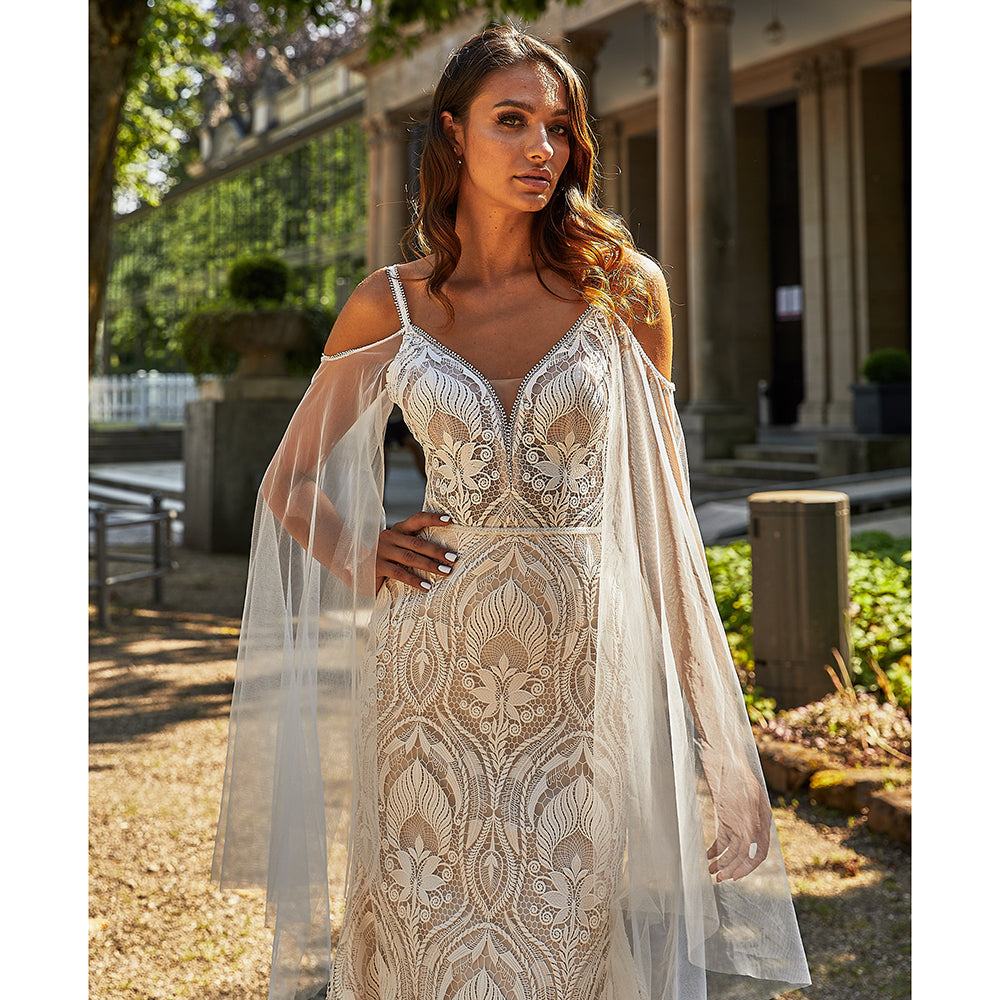Boho V Neck Flare Sleeve Spaghetti Straps Open Back Full Lace Mermaid Wedding Dress