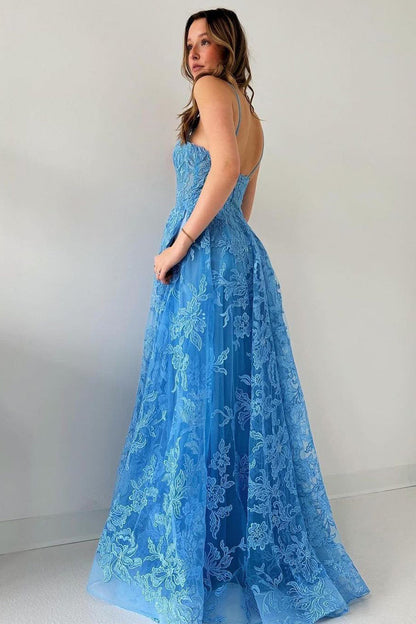 Roycebridal Blue Spaghetti Straps Tulle Appliques Long Prom Dresses