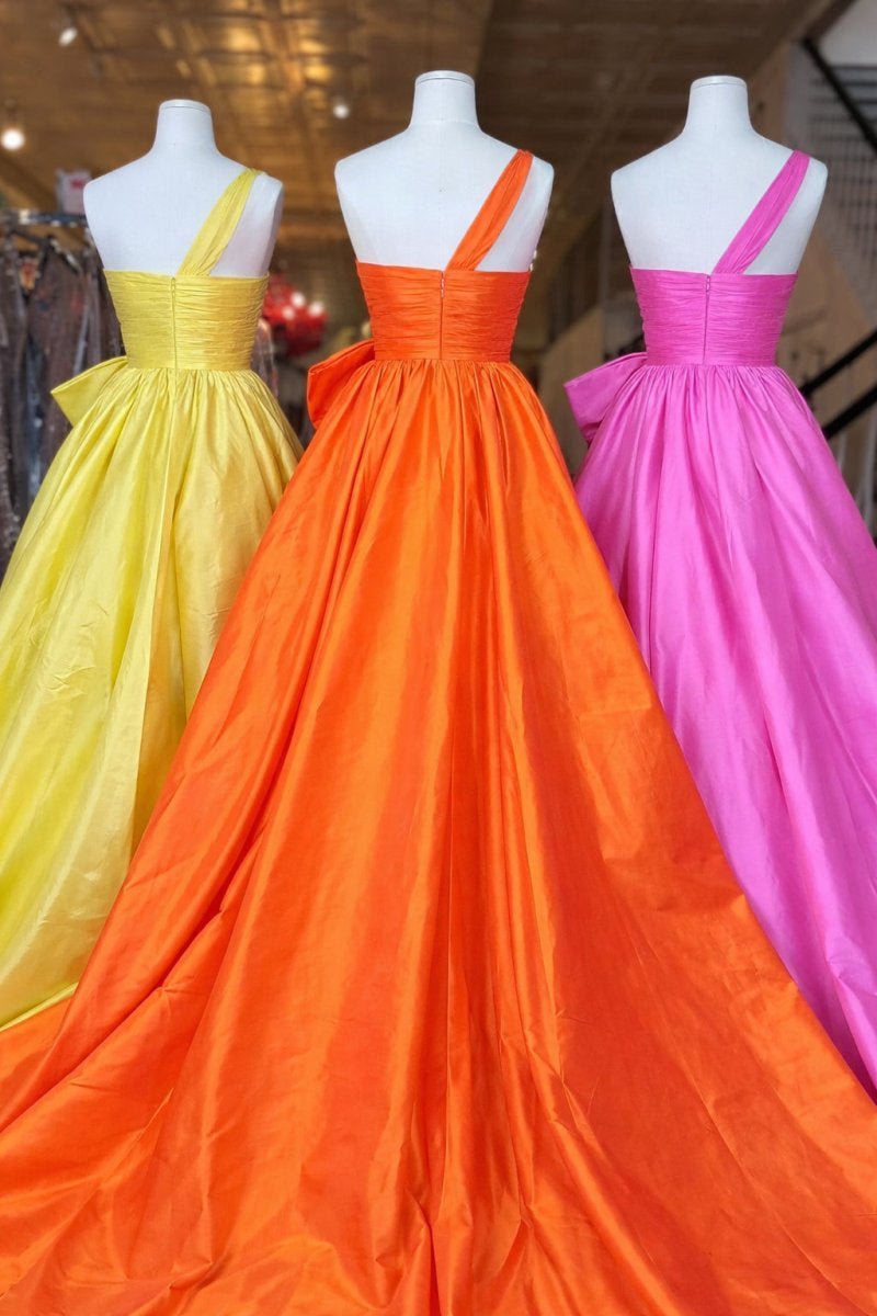 Orange One Shoulder Satin A Line Prom Dress With Bow